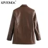 Women Fashion Double Breasted Faux Leather Blazers Coat Vintage Notched Long Sleeve Female Outerwear Chic Tops 210416