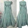 2022 Turquoise Muslim A Line Prom Dresses with Long Sleeves Appliques Lace Evening Party Gowns Dubai Arabic Special Occasion Formal Dress Plus Size