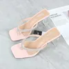 Kvinnors Skor 2021 Sommar Ny Klipp Toe Flip Flop High Heel Women's Sandals Transparent Rhinestone Fashion Sexy Bankett 7cm x0526