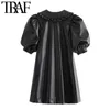 TRAF Dames Chique Mode Met Gepareerd Faux Lederen Mini Jurk Vintage Puff Sleeve Button-Up Vrouwelijke Jurken Vestidos 210415