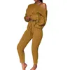 Tracksuits femininas Casual Knit Set Two-Peça Outfit Camisola de Manga Longa Camisola Curta Pullover Crop Top Calças de cordão