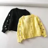 Stylish Women Puff Sleeve Hand Crochet Cardigan Streetwear V neck Long sleeve Knitted Cropped Sweater Yellow Black Korea Clothes 210429