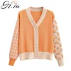 H.SA Autumn Winter Women Fashion Cardigans Retro Vintage Casual Orange Patchwork Knitwear Floral Sweater Jacket 210417
