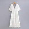 Süße Mädchen Weiche Baumwolle V-ausschnitt Kleid Sommer Mode Damen Büro Frauen Reine Farbe Fransen Hohe Taille 210515
