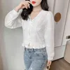 Autumn White Embroidery Blouse Retro High Waist Short V-neck Puff Sleeve Lace Shirt Women Blusas Mujer De Moda 10536 210521