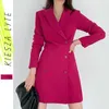 Office Lady Notched Blazer Runway Fashion Women Double Breasted Solid pink Blazers Jacket Outerwaer Suits Coats Female 210608