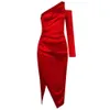 Arrivée Femmes Sexy Designer À Manches Longues Une Épaule Rouge Robe Moulante Dames Élégante Fête De Bal Robe 210527