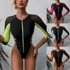 Mid--Sleeve One-piece Swimsuit For Women Swimming Suit High Cut Stitching Bikini Zipper Swimsuits Swimwear 2021