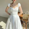 Women 2 Piece Sets White Sexy Square Collar Short Sleeve Knitted T Shirts + Elastic High waist Big Swing Midi Skirt 210519