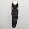 Women Sexy Lace Mesh Ruched Designer Midi Black Brown Bandage Dress Split Elegant Celebrity Bodycon Party Vestido 210527