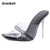 Sexy Transparent PVC Femmes Parti Chaussure D'été Tête Peep Toe Mince Talon Haut De Mode En Métal Décoration Mixte Argent 210507