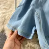 Sommarkvinnor denim kort klänning vintage stil kortärmad v-hals singelbröst hög midja A-line koreanska jeans 210603