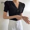 Yitimuceng Button Up T Shirts Woman Tees Puff Sleeve Unicolor White Blue Black Tops Summer Office Lady Knitted Tshirts 210601