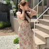 Vintage Puff Sleeve Floral Dress Elegant Chiffon Kvinnor V-Neck Koreanska Sommar Slim Design Casual Beach Party Y2K 210604