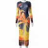 Anjamanor Seksi Sheer Mesh Baskı Maxi Elbiseler Parti Kulübü Kıyafetleri Kadınlar için Moda Uzun Kollu Bodycon Drvestido D85-BI14 X0529