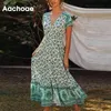 Богемский напечатанный длинное летнее платье женщин v шеи линии кнопки повседневные платья дамы с коротким рукавом пляжный сарафан 210413