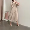 Autumn Korean Women Dress Elegant Long Sleeve Tunic Slim Square Collar Pleated Dresses Pink Beige Vestido De Festa 210513