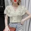 Short Sleeve V-neck Blouse Summer Sweet Lace Ruffle Stitching Women Tops Crochet Mesh Chiffon Shirt Blusas 14174 210528