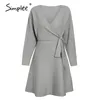 Sexy v-neck knitted women Elegant A-line solid wrap winter sweater Autumn lady slim short knits dress 210414