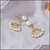 Charm Earrings Jewelry Hollow Fan-Shaped Pearl Diamond Women Alloy Gold Business Ear Drop European Party Gift Dress Wear Stud Earring Delive