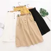 Spring Women Skirts Elastic Waist Vintage Korean Loose A Line Cotton Midi Skirt Single Breasted Solid Skirt Faldas 9905 210518