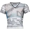 T-shirt feminina impressão vintage de manga curta Mesh top feminino Veja através de camiseta sexy de verão harajuku tops cortados tees roupas phyl22