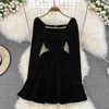 New design women's retro square collar long sleeve rhinestone patched high waist velvet fabric ball gown short black dress