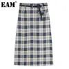 [Eam] Hög elastisk midja Blå Plaid Bälte Pocket Asymmetrisk Halvkroppsskjorta Kvinnor Mode Vår Sommar 1DD7265 210512