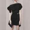 Summer Women Runway 2 PCS Zestaw Sexy Moda Czarne Ruffles Off Shoulder Koszula Topy + Frezowanie Nieregularne spódnice 210519