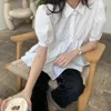 Mode coréenne solide manches bouffantes Blouse femmes ourlet plissé conception vêtements d'été Simple blanc Laides 210519
