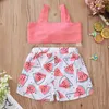 Summer Children Sets Casual Strap Pink Solid Bow Tops Print Watermelon Shorts 2Pcs Girls Clothes 6M-5T 210629