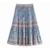 Bohemian Stream Flower Print Long Skirt Stitching Ruched Ruffle Hem Holiday Women Lacing up Stream Waist Swing Skirts Beach 210331