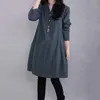 Primavera algodón lino una línea vestido casual para mujeres suelta botón sólido vestidos de manga larga bata femme 12676 210417