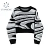 Woman Pullover Casual Knit Crop Sweater Winter Vintage Print Long Sleeve Loose Short Jumpers Ladies O-neck Knitwear Tops 210417