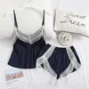 pigiama per donna Raso di seta Patchwork con scollo a V Cinghia abiti da casa con pantaloncini Pigiama casual Tuta da notte Biancheria intima da donna 210809