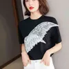 Korean O Neck Cotton Casual Loose Wing Haft VintageT T-shirt Czarny Krótki Rękawy Kobiet Kobiety Koszulki 122C 210420