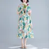 Johnature Summer Korean Retro Print V-Neck Kieszenie Krótki Rękaw Sukienka Luźne Wygodne Mody Kobiety Plus Size Sukienki 210521