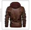 Mens Outwear Bomber Vintage Autumn Black PU Leather Casual Jacket Slim Fit Motorcycle Biker Coats Removable Hood 211009