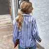 Vintage Striped Women Blouse Koreansk Turn Down Collor Långärmad Skjorta Blusas de Mujer W910 210526