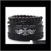 Tennis Drop Leverans 2021 Brun Brided Wing Cross Infinity Black Beads Charm Woven Men Leather Armband Vintage Bangle Man