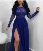 Blue Long Royal ärmar Prom Dresses Sexig backless Chiffon -paljetter Applique Side Slit Jewel Neck Custom Made Evening Party Gown Vestidos