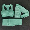 Yoga Sets Seamless Leggings Bra Long Sleeves Shirt Crop Top Women Running Gym Sportswear High Waist Fitness Sports Pant Suit 210802