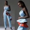 Jumpsuits modernos vestidos de noite com 3D Floral Appliqued Lace Tiered Catin Formal Prom Vestido Slim Fit Custom Made Sleeveless Destinos