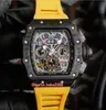 Topselling Top Quality Watches 50mm x 44mm R M 11-03 NTPT Carbon Fiber Yellow Rubber Bands Digital Transparent Mechanical Automatic Mens Men's Watch Wristwatches