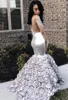 2021 Afrika Silver Mermaid Floral Prom Klänningar Långärmad Sexig Illusion Plunge Neck Backless Beaded Women Girls Pageant Dress Lace Evening Party Gowns