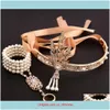 Sieradenfashion luxe ontwerper vintage diamantbladeren Tassel Crown Satin Wedding Bridal Hoofdband Haar Sieraden Parelsbuien Brap Armbanden Set Drop