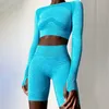Seamless Sport Set Women Blue Two Piece 2pcs Långärmad Besked Top T-shirt Booty Shorts Workout Outfit Fitness Gym Wear Yoga 210813