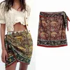 Summer Women Vintage Mini Skirts Wrap Side Bow Tie Print Indie Folk Female Elegant Street Skirt Clothing 210513