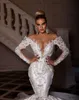 Off Shoulder Långärmad Bröllopsklänningar 2022 Robe de Mariage Princesse Luxe Mermaid Fishtail Floral Lace Backless Bridal Gown