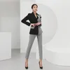 Elegante Retalhos Mulheres Pant Suits Slim Houndstooth Jaqueta Alta Cintura Calças Vintage Feminino Blazer Conjunto Outono 210422